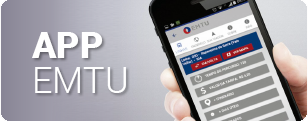 Imagem com o texto: APP EMTU e com a foto de um celular sendo segurado na mo de uma pessoa.